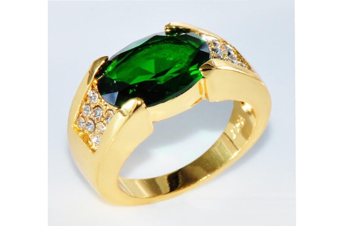 Gold Plated Green Stone with Diamond Delicate Design Ring for Men